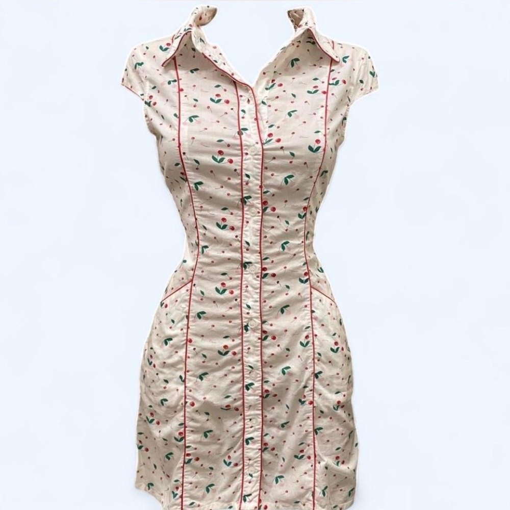 Vintage 50s 60s white button up cherry cap sleeve nurse style mini dress
